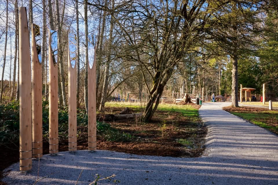 Storybrook Park in Birchwood neighborhood in Bellingham, Washington.  A new art installation called "Stand in the Reflection"